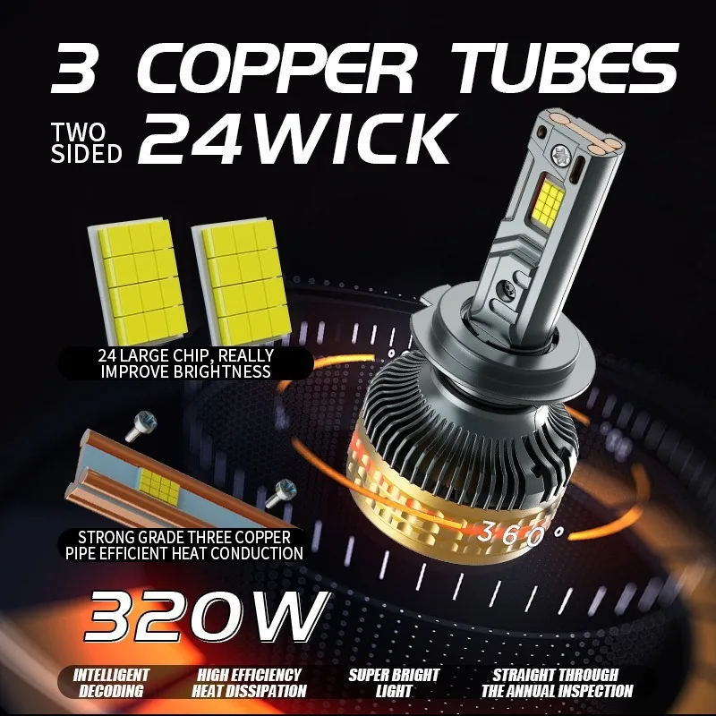 3개의 구리 튜브 캔버스 320W H8 H11 HB3 9005 HB4 9006 H1 H9 전구 LED 램프 24CSP 자동차 LED 헤드라이트 라이트