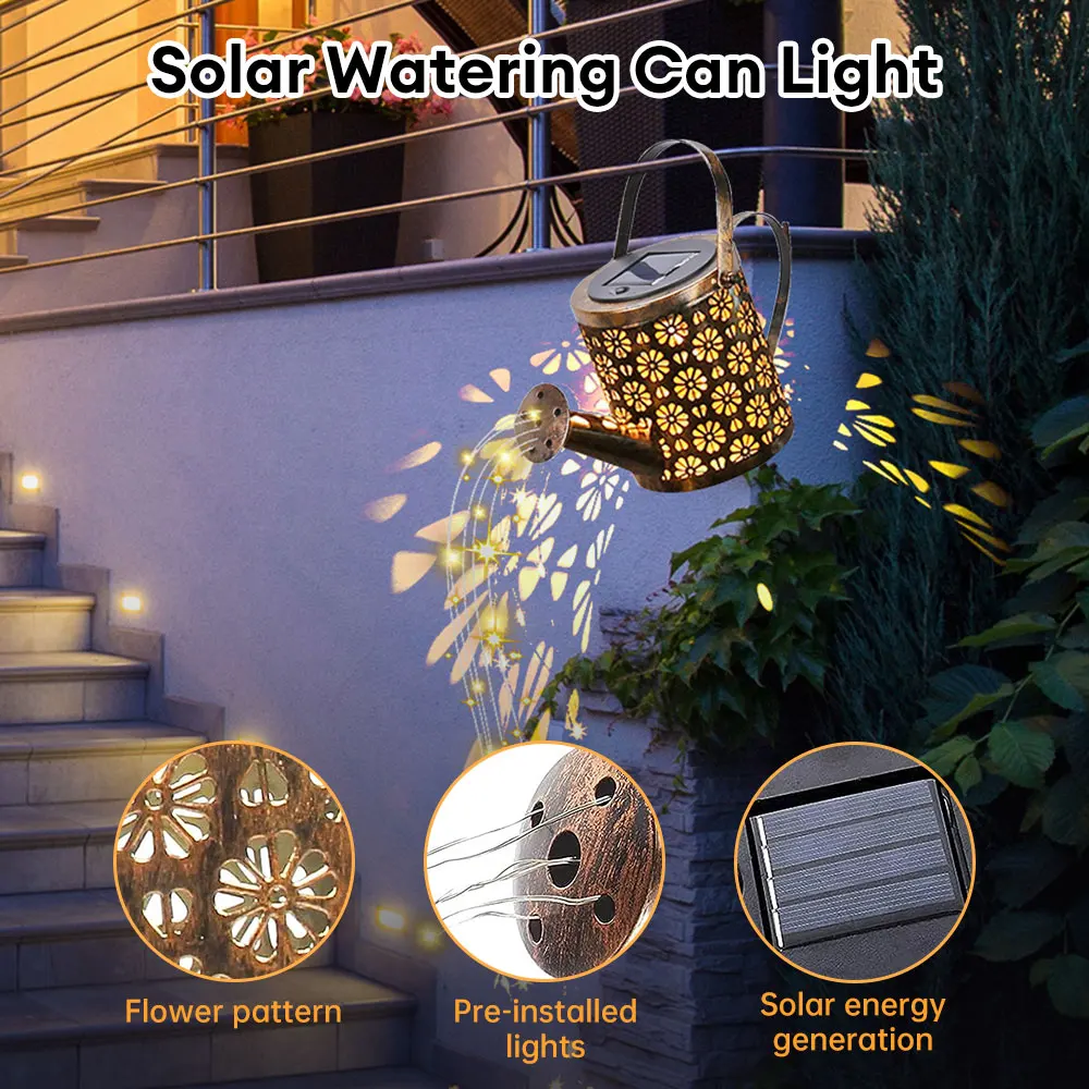 

Solar Watering Can Light Retro Metal Kettle String Lights Waterproof Hanging Solar Lamps Solar Waterfall Lights Garden Decor