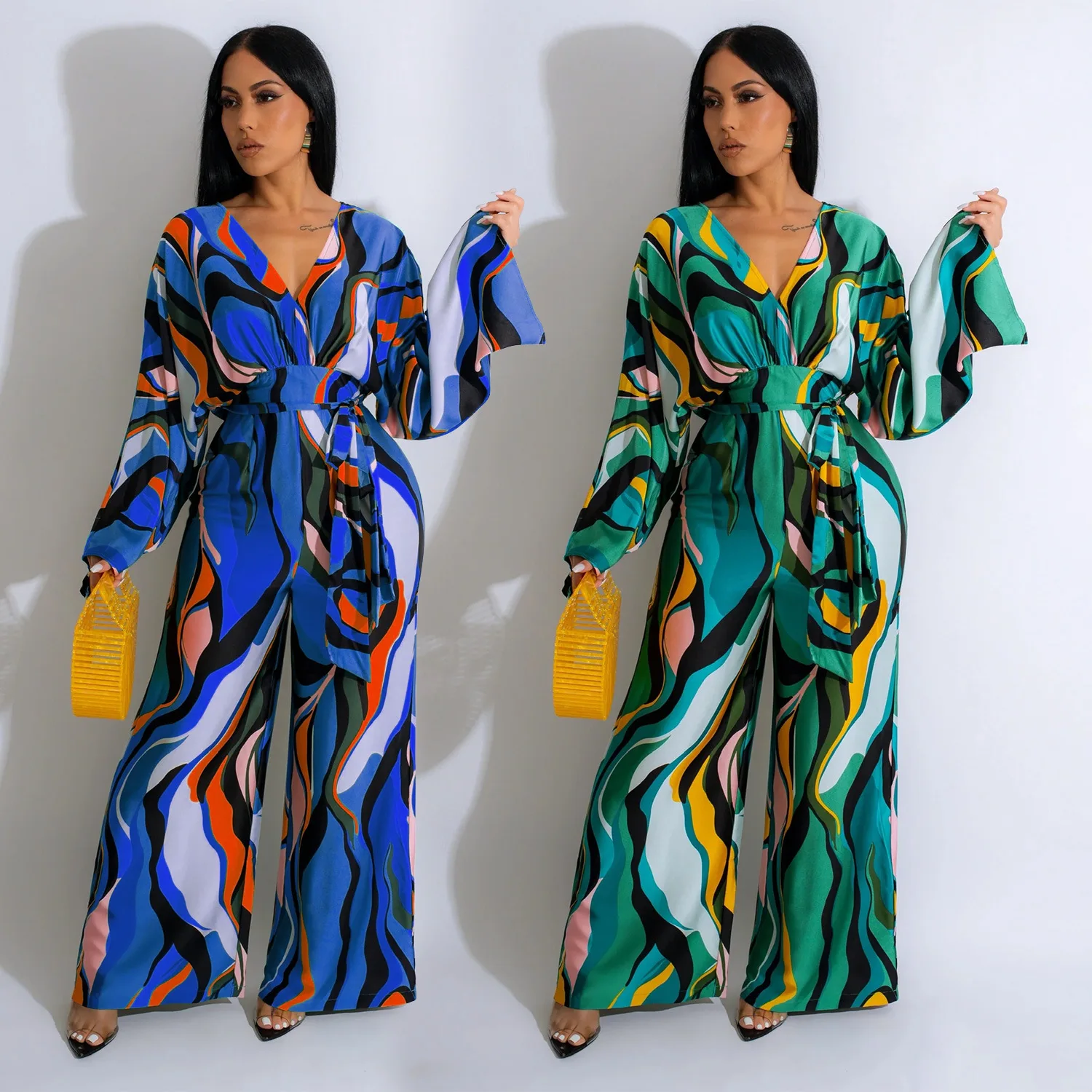 Fashion Women's Casual Printed Lace-Up Long Sleeve Wide Leg Jumpsuit