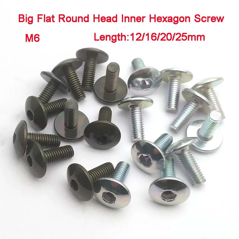 

10pcs For Motorcycle Scooter ATV Moped Plastic Cover Big Flat Round Head Inner Hexagon Screw Bolt M6 6mm Length 12/16/20/25mm