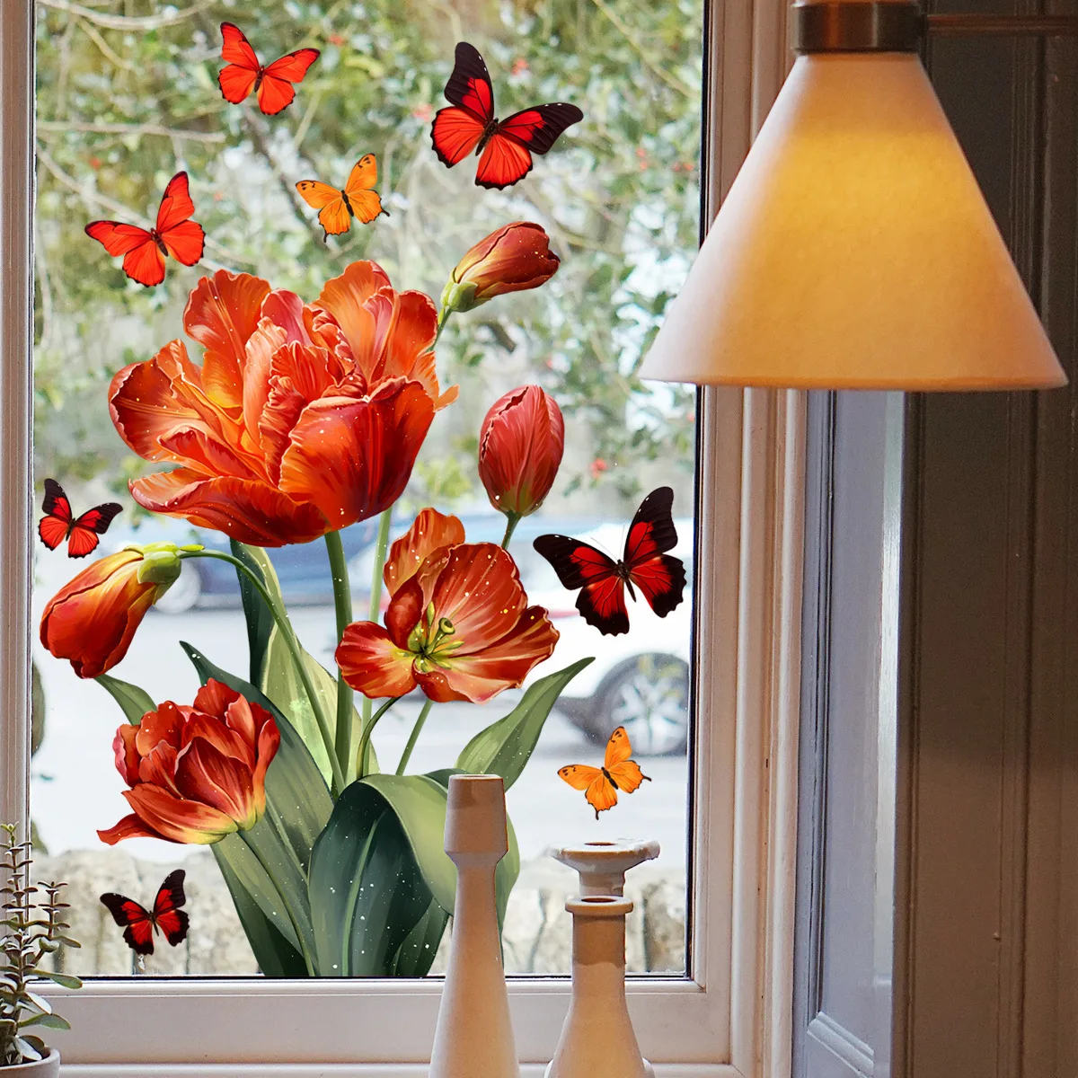 Window Stickers Fresh Floral Orange Tulip Colourful Butterfly Window Cling Static Sticker For Home Office School Shop Window Glass Decor