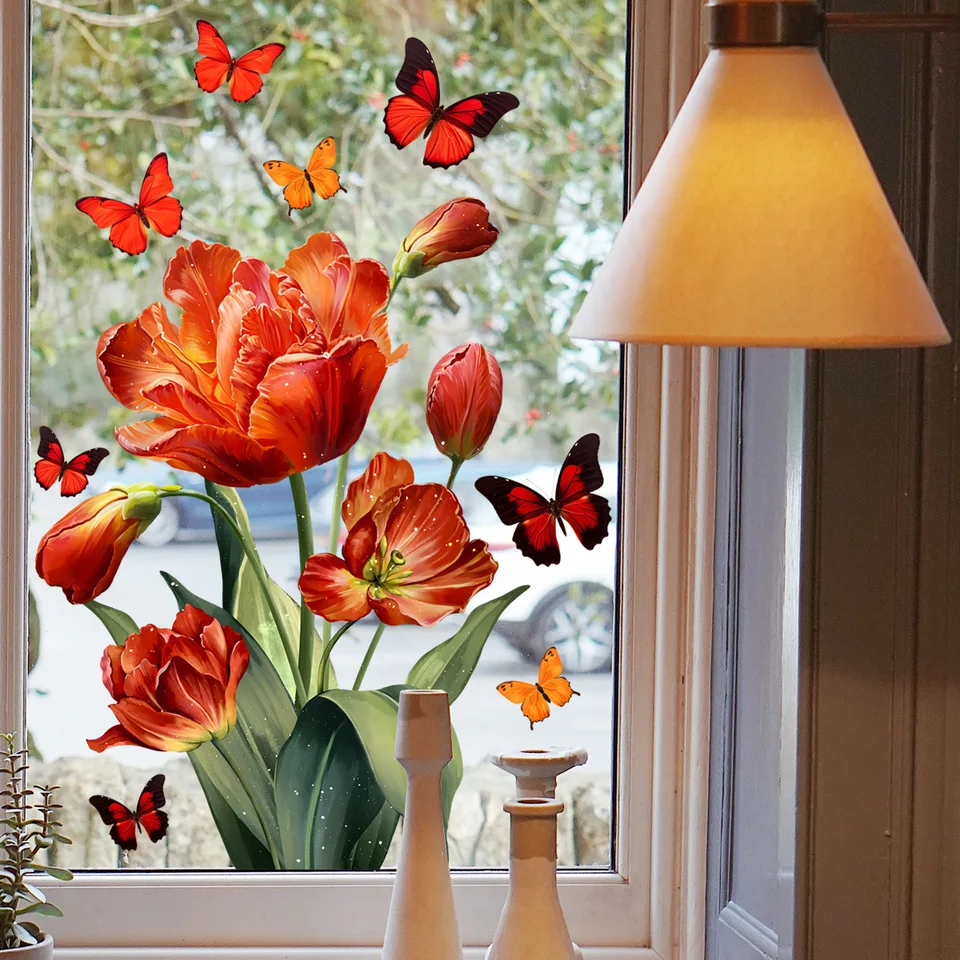 Yunkctuk Autocollants Fenêtre Été 9 Pièces 20x30cm - Vitrophanie Papillons Tulipes Oiseaux - Déco Adhésive Réutilisable