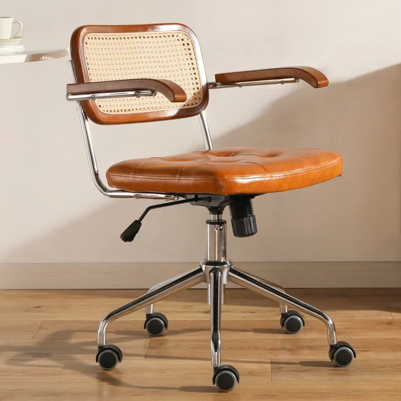 Retro Rotating Chair Rattan Computer Office Chair Japanese Comfortable Storage Study Desk Seat Breathable Armrest Rattan Chair