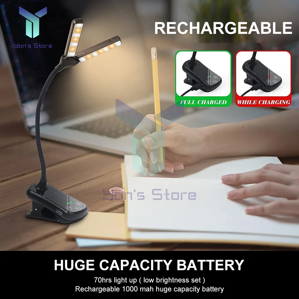 14LED Clip On Book Light 3 Colors 8 Brightness USB Rechargeable Night Light Portable Reading Book Lamp Mini Bedside Lamp