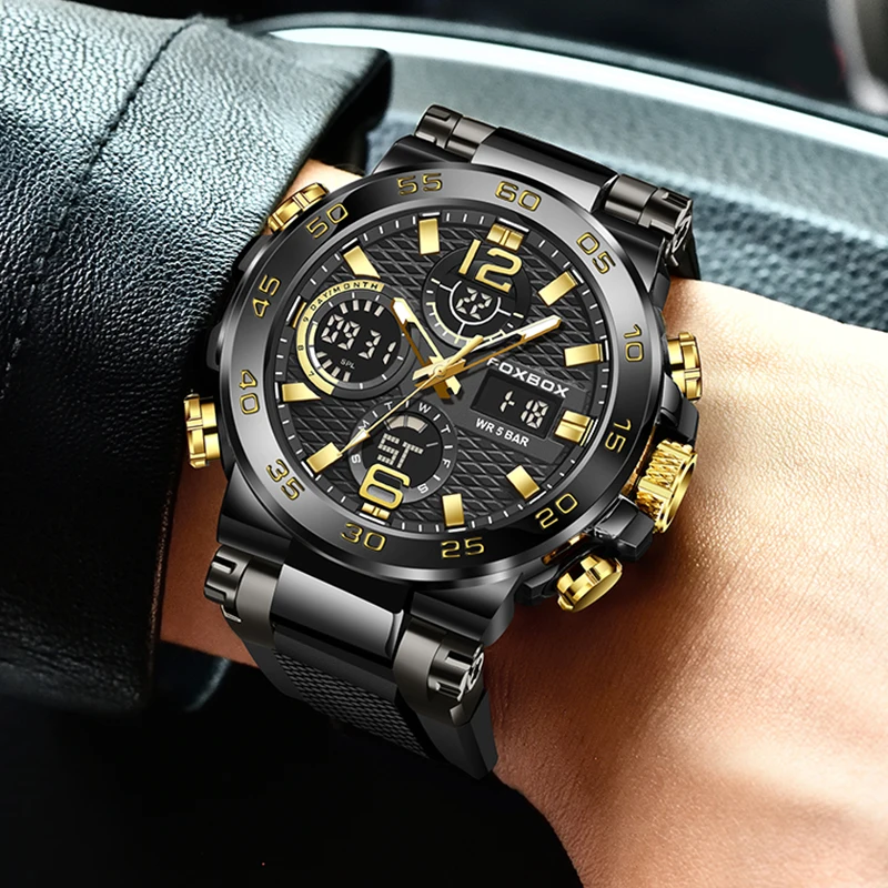 FOXBOX Men's Quartz Wristwatch LIGE Top Brand Luxury LED Display Waterproof Watch Men Outdoor Sport Analog Digital Watch For Men