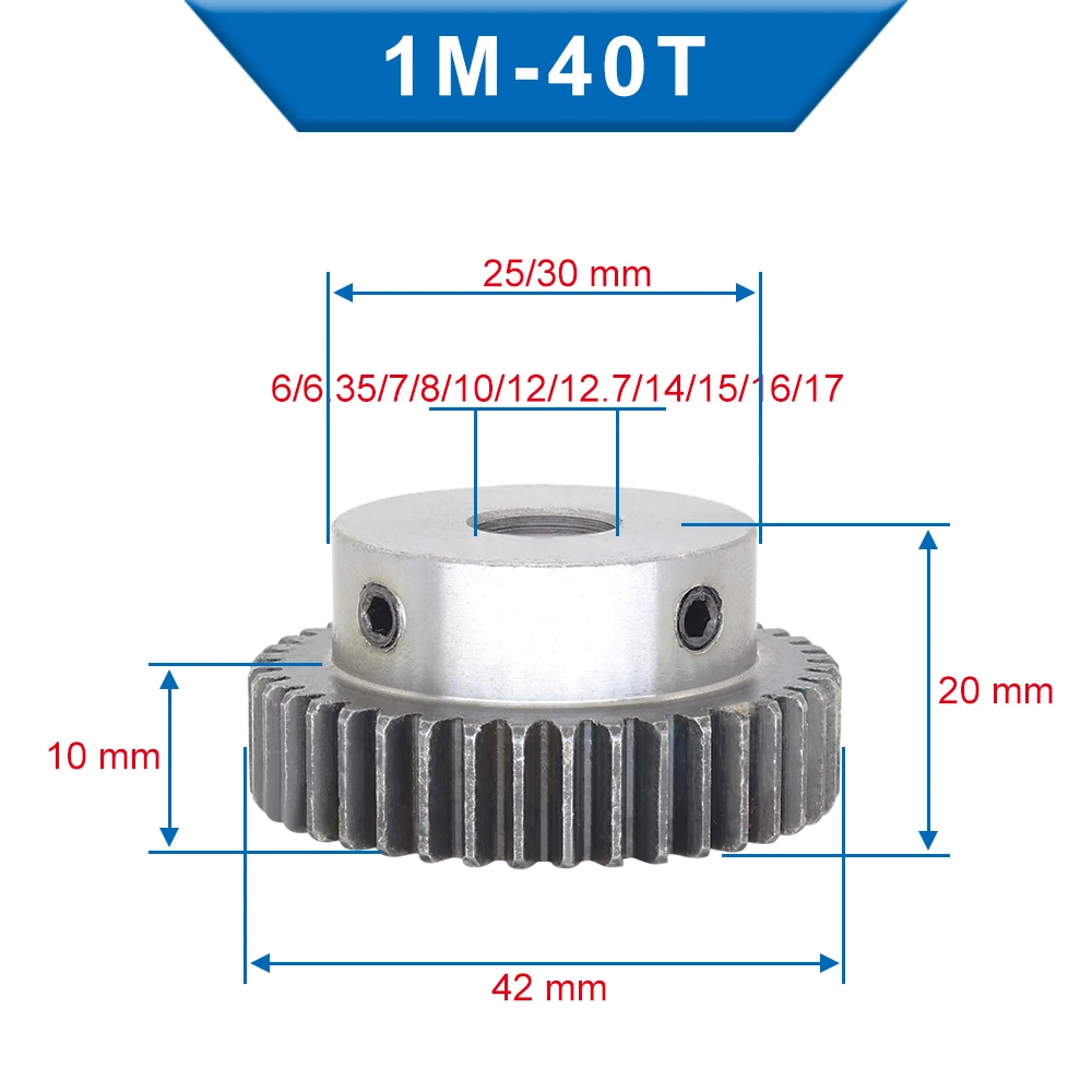 1Piece 1M40T Spur Gear motor gear transmission gear Bore 6/6.35/7/8/10 /12/12.7/14/15/16/17/20 mm Motor Gear Low Carbon Steel Material metal for motor