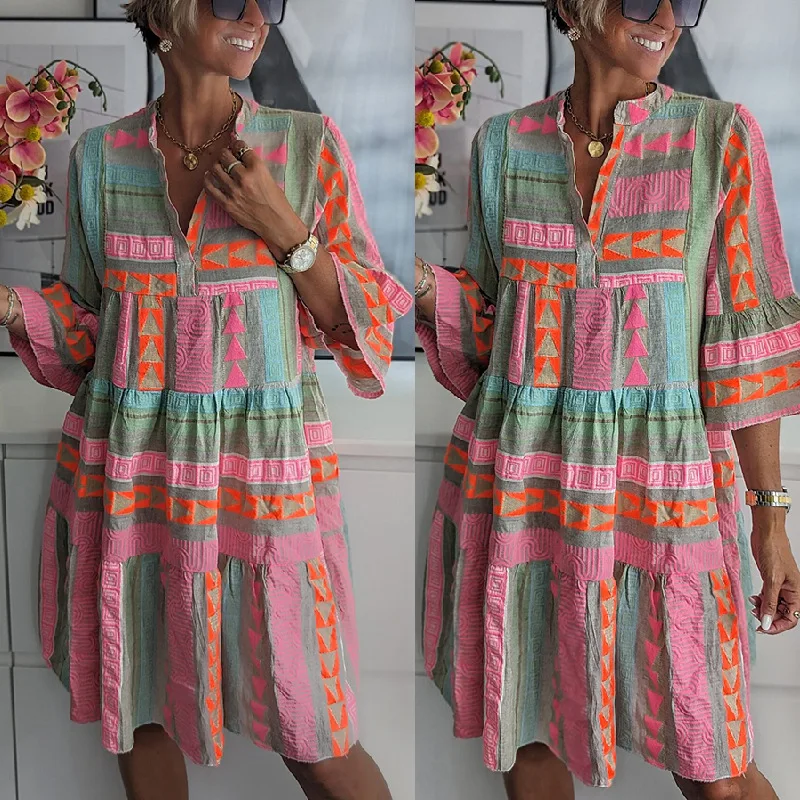 

Women Clothing In The Autumn Of 2023 Printed V Neck 7 Minutes Sleeve Dress Elegant For Summer Costumes Dresses Female Fashion