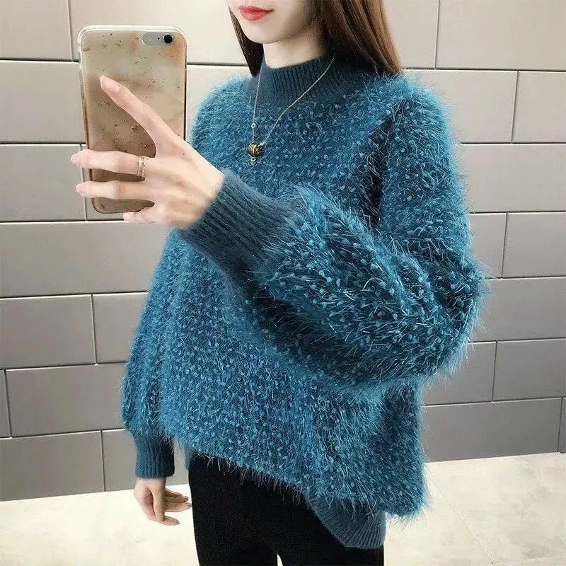 

Half Turtleneck Thick Warm Sweater Womens Autumn Winter New Korean Bright Silk Sweaters Plus Size Loose Pullover Student Top