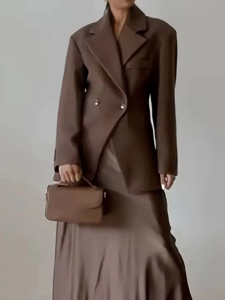 2024 Female Coats Solid Brown  Turn-Down Collar Long Sleeves Pockets 2 Buttons Blazers Autumn Woman's Clothing Vintage