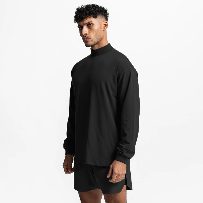 

Running Shirt Mens Oversized Drop Shoulders Long Sleeve T Shirt Men Autumn High Neck Gym Clothing Bodybuilding Fitness Loose Tee