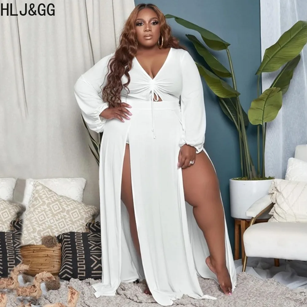 HLJ&GG Plus Size Casual Solid High Slit Dress XL-5XL Women V Neck Long Sleeve Bandage Hollow Out Clothing Sexy Ruched Streetwear