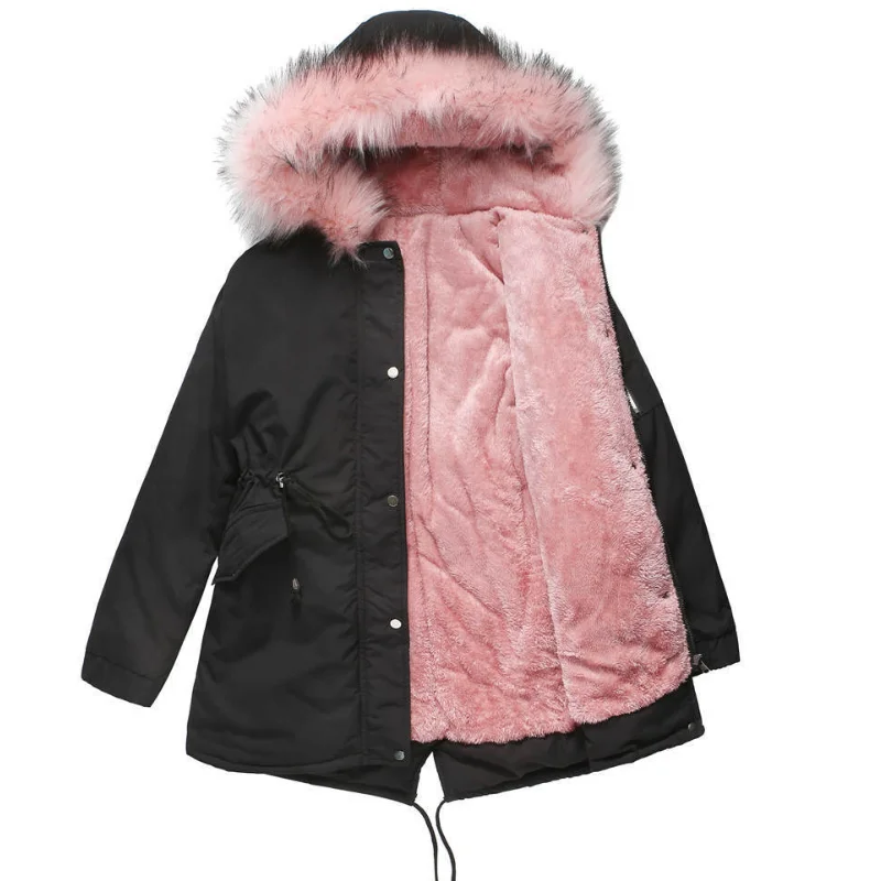 

2022 Autumn Winter Ladies Women Jacket Padded Coat New Middle Length Warm Fleece Hooded Parkas Faux Fur Collar Lady Overcoat