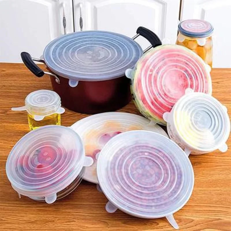 6-pieces set Food Grade Silicone Fresh-keeping Lids Food Sealing Cover Reusable Heat-resistant Lid Kitchen Accessories