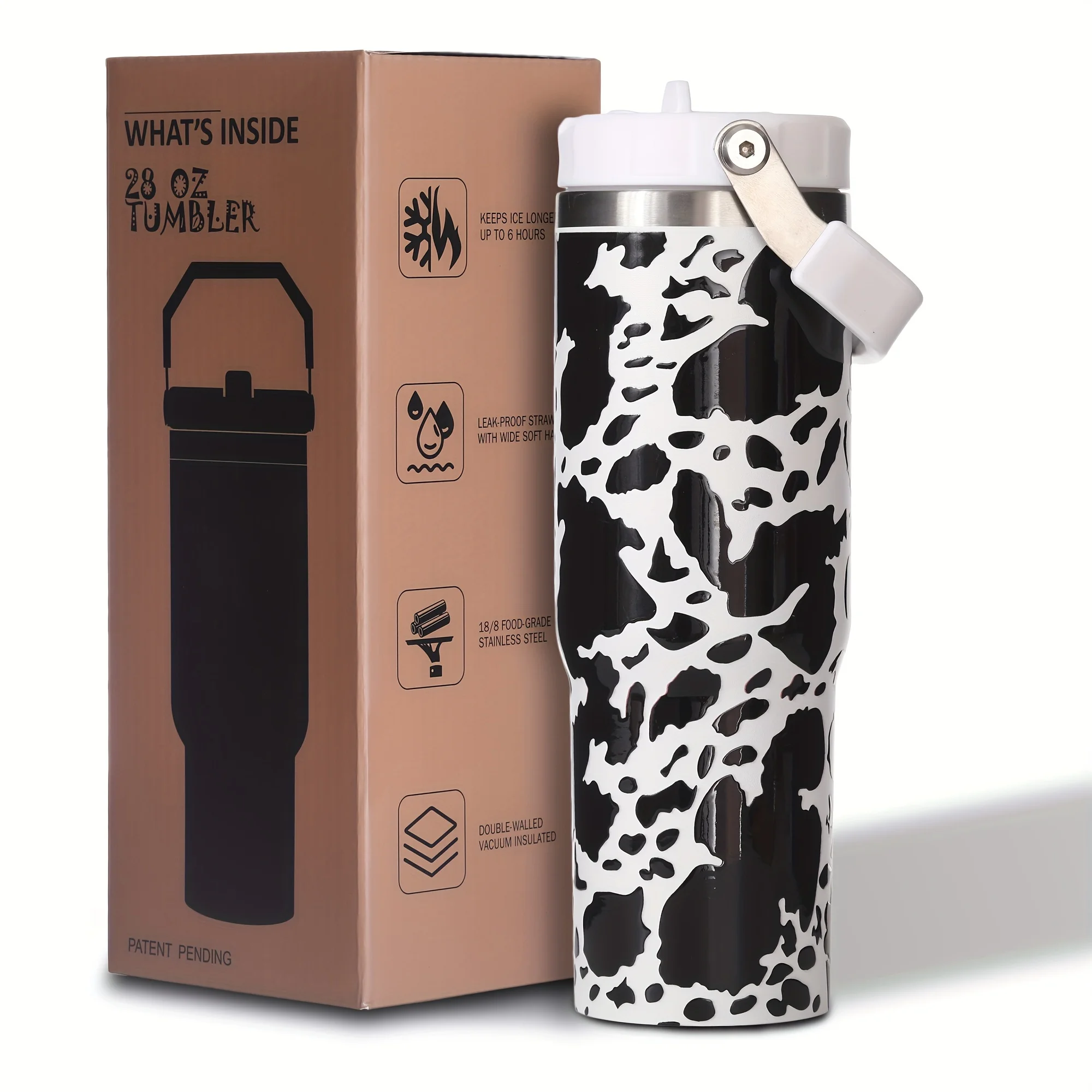 

Weboia Cow Print 30 oz Water Bottle with Flip Straw - Insulated Tumbler with Handle for Office - Stainless Steel Cups with Lid -