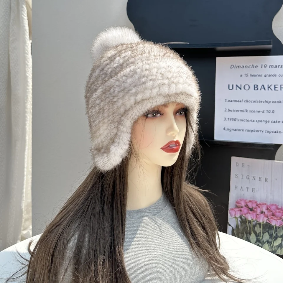 Neue Winter Damen Echt Nerz Pelz Hut Warme Verdickte Ohr Schutz Gestrickte Kappe Damen Winter Mode Zubehör – Detail 28