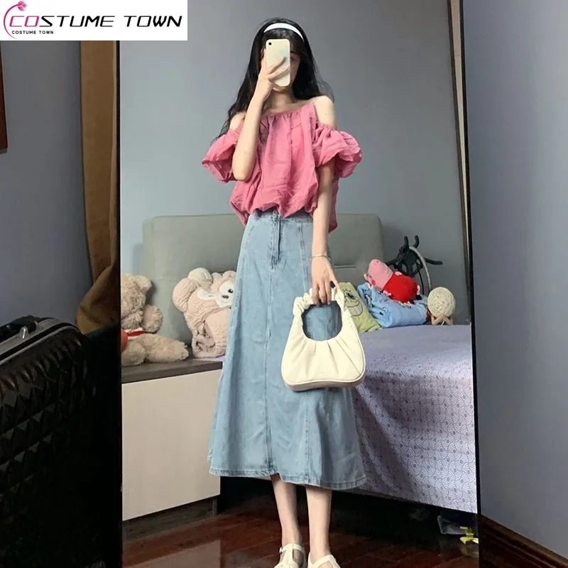 2023 Spring/Summer New Pink Off Shoulder Top Denim Skirt Small Spicy Girl Wear Women's Two Piece Set Fashion