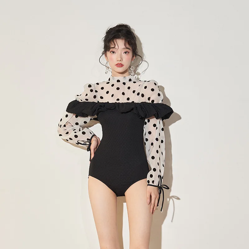 

Korea 2023 New Long-sleeve High Waist One-piece Swimsuit Women Triangle Belly Coverup Thin Conservative Hot Spring Swimming Suit