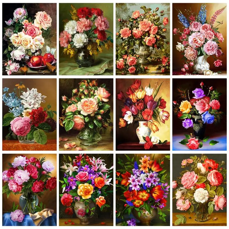 

PhotoCustom Painting By Number Rose Flower Arrangement With Frame Picture Numbers Handpainted For Adults Home Decor