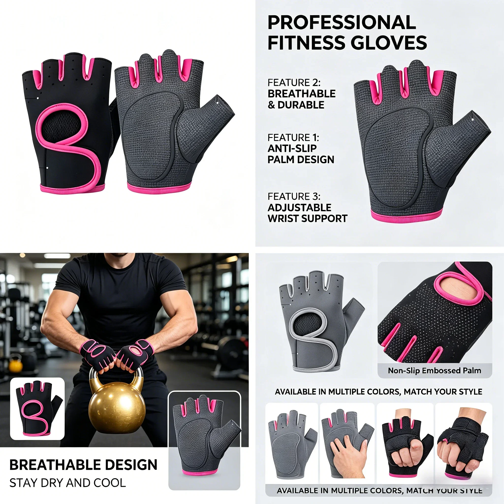 Enhanced Grip Workout Gloves with Breathable Fabric and Wrist Support