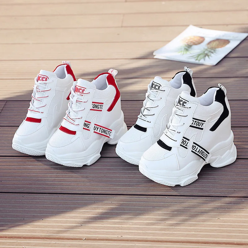 High Flat Platform 9cm Height Increasing Casual Shoes Woman 2023 Spring New Hidden Wedge Sneakers Female Vulcanize Shoes