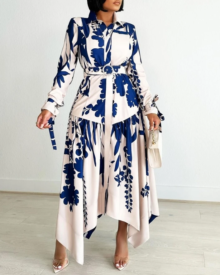 

Women's Dress Long Sleeve Turn-down Collar Plants Print Tied Detail Ruched Asymmetrical Hem A Line Shirt Dress Casual Maxi Dress