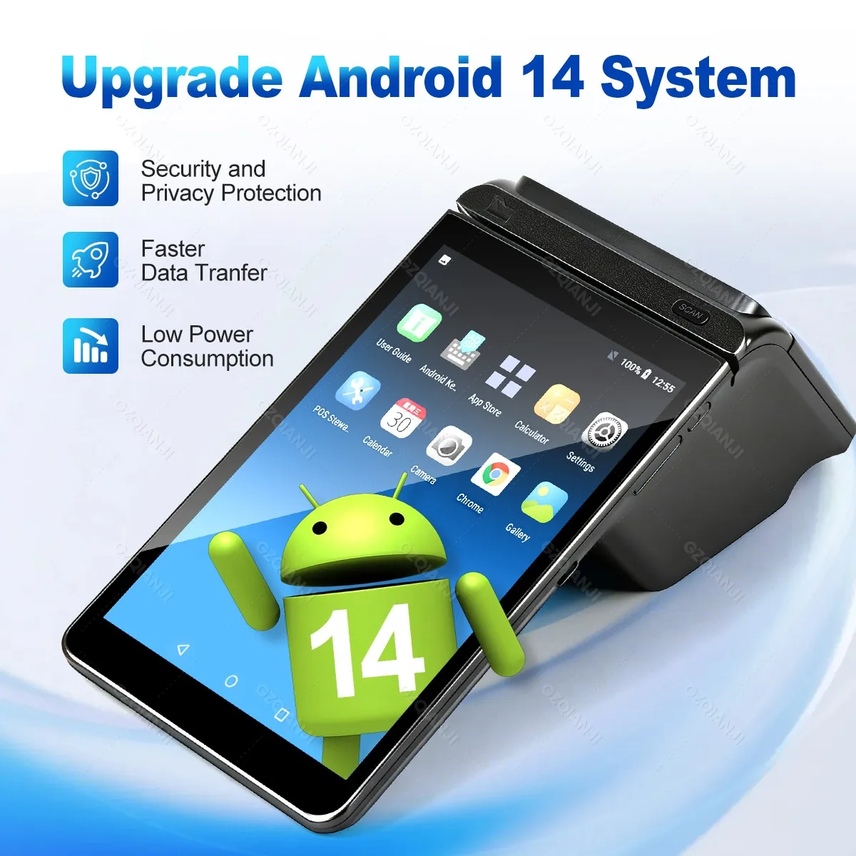 안드로이드 14 POS 단말기 데스크탑 태블릿/핸드헬드 8인치 디스플레이 터치스크린 POS 시스템 80x50mm 감열 프린터, 1D 2D 스캐너 NFC