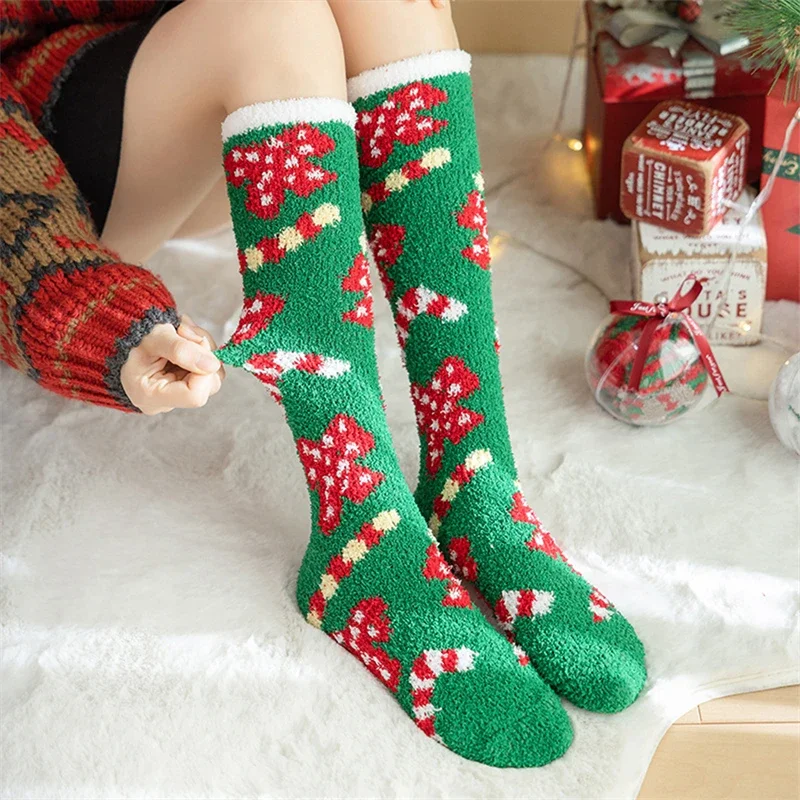 

Christmas Socks Woman Long Coral Fleece Warm Thickened Floor Sleep Sock Snowflake Deer Tree Gift socks High Tube Stocking Green