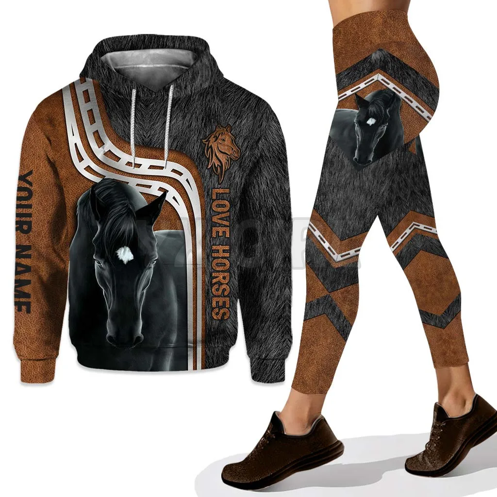 YX Girl Love Horses Custom You Name Combo Hoodie + Legging Combo Outfit Yoga Fitness Legging Women 3D Printed Apparel