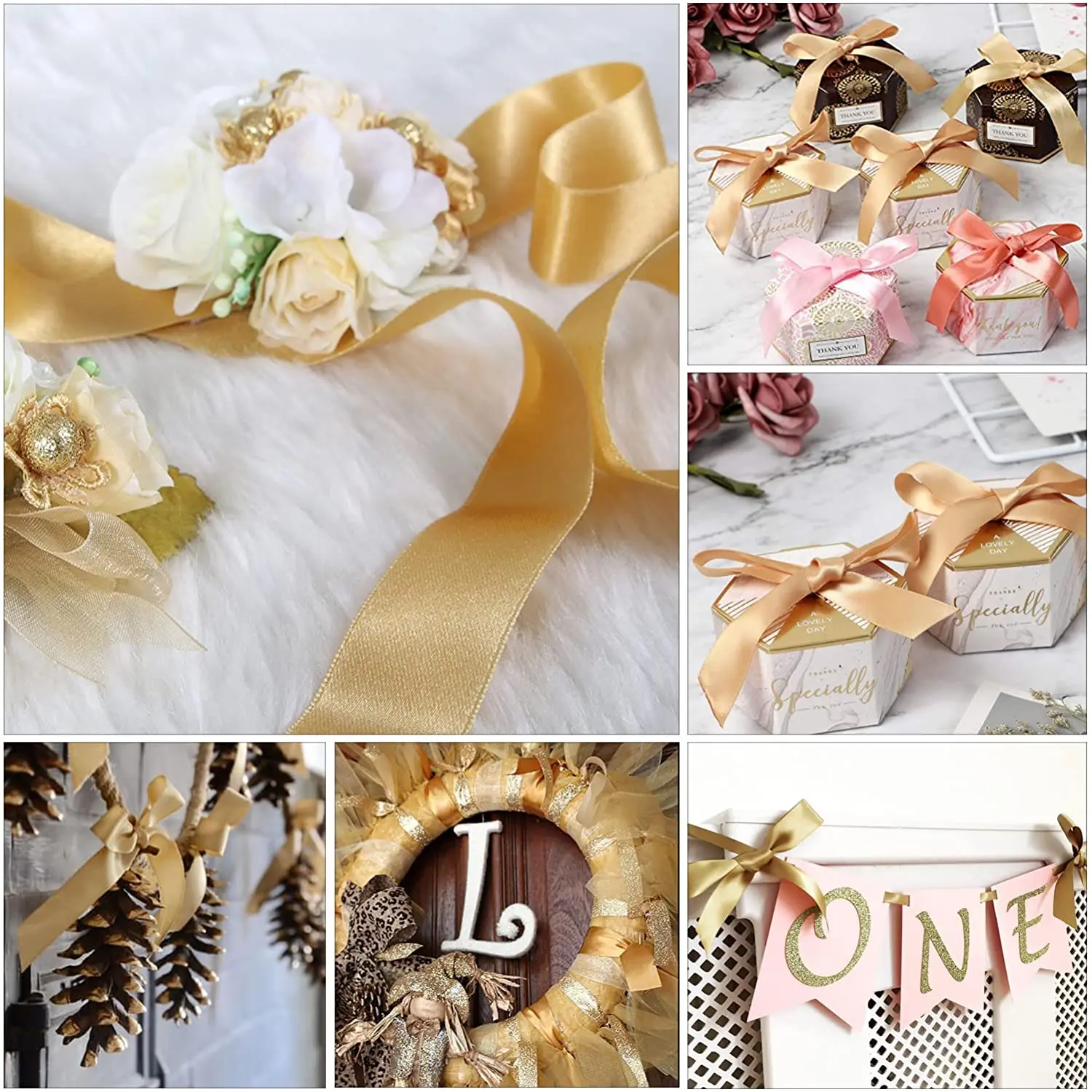 Ribbon Decoration Satin Ribbons Ribbon Supplies Christmas Ribbon Wrapping Ribbon Satin Ribbon 25yd Various Size Champagne Gold Satin Ribbon for Wedding Party Christmas Decoration DIY Craft Cake Gift Bow Wrapping Ribbon