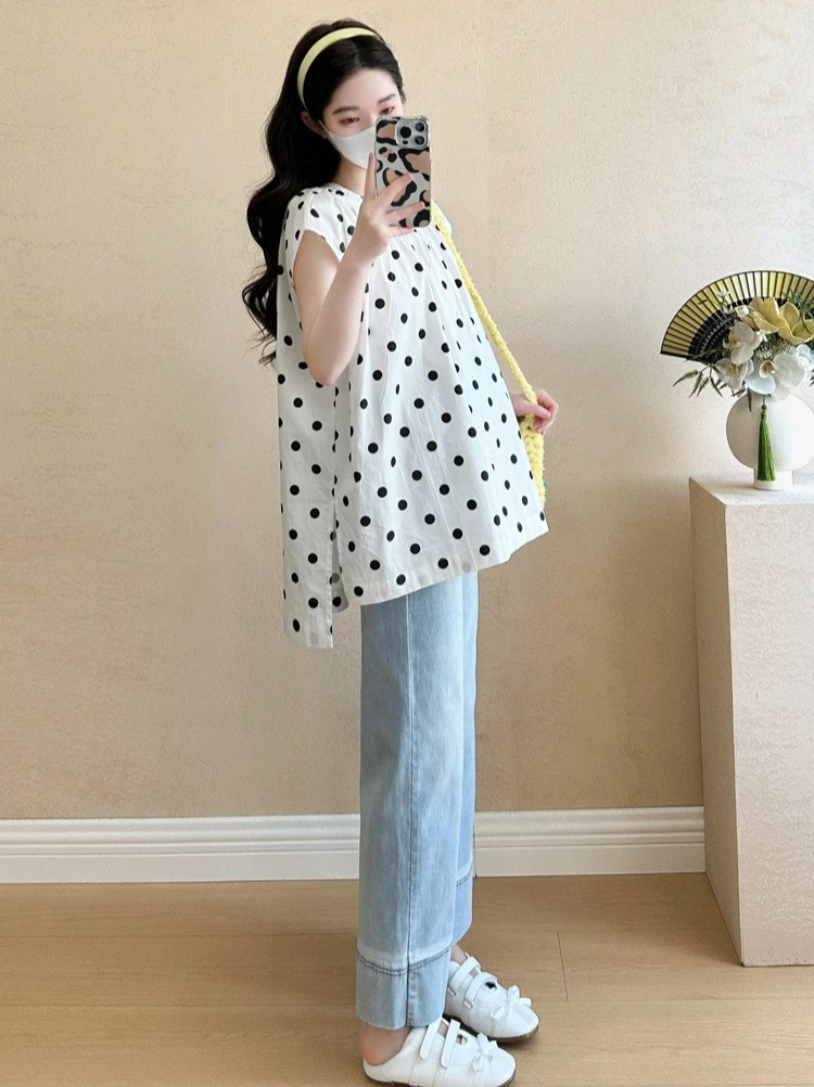 출산 셔츠 여름 민소매 느슨한 편안한 달콤한 귀여운 폴카 도트 라운드 넥 블라우스 임산부를위한 2026