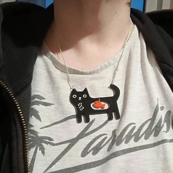Black Cat Necklace – Adorable Kawaii Cat & Fish Pendant