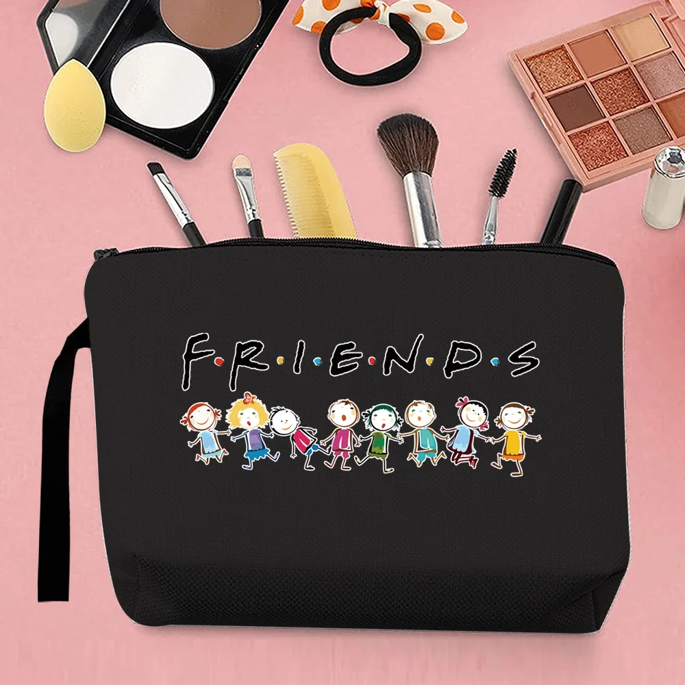 2024 ese Trend Women Cosmetic Bag Coin Clutch Bag Cute Friends Pattern Printing Portable Storage Travel Canvas Strap Black 4