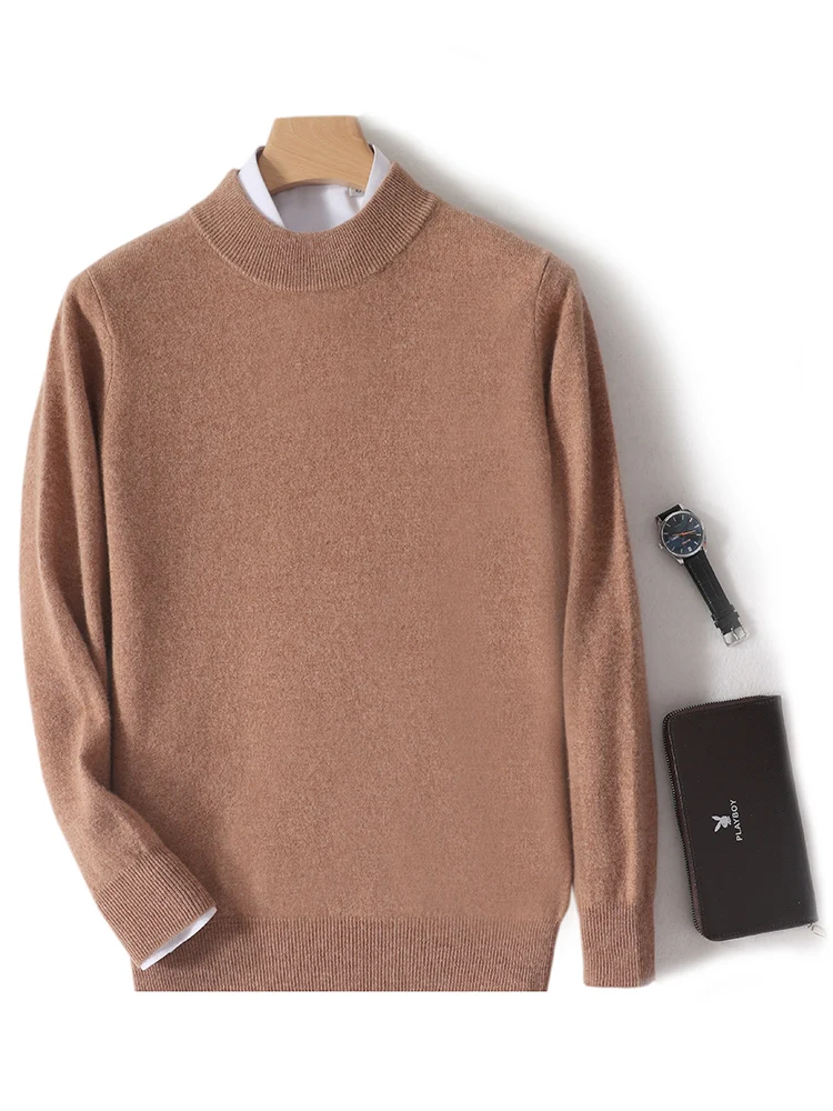 Spring Autumn 100% Pure Merino Wool Pullover Sweater Men Mock-Neck Long-sleeve Cashmere Basic Knitwear Clothing