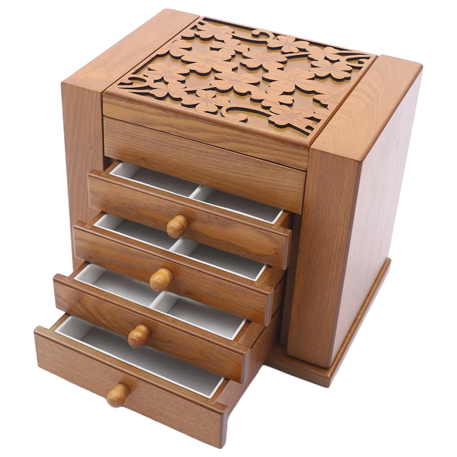 NEUESTE 5-stöckige Schmuckaufbewahrungsbox, 30 x 20 x 25 cm, mit 4 Schubladen und Spiegel für Ringe, Ohrringe und Halsketten, Hellbraun – Detail 8