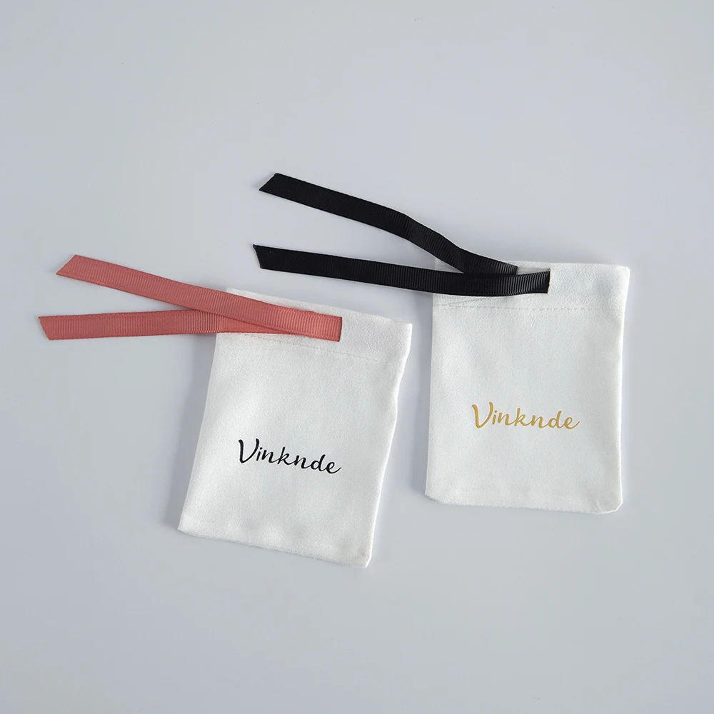 100pcs Bulk White Flannel Ribbon Gift Jewelry Bags 5x7cm Custom Logo Drawstring Velvet Cosmetics Jewelry Packaing Suede Pouches