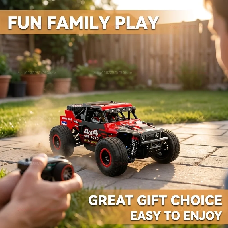 Gros plan sur les détails du Camion RC Desert 1:20, montrant son moteur brushless et ses pneus crantés.