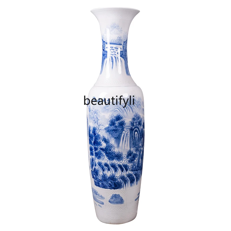 

Porcelain Hand Painted Blue and Whitelandscape Floor Vase Living Room and Hotel Company Decoration Opening-up Ornaments Gift