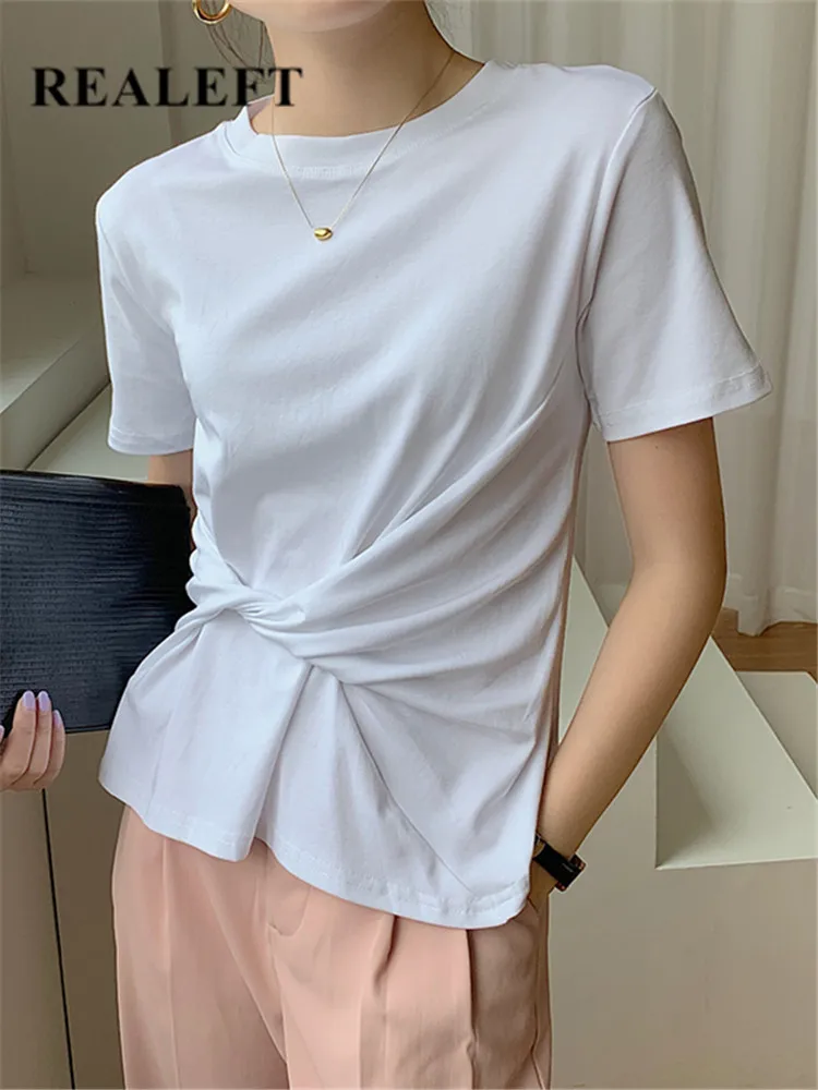 

REALEFT Summer Chic Irregular Women's T-Shirts 2022 New Bottoming O-Neck Short Sleeve Female Casual Loose Shirts Solid Tops