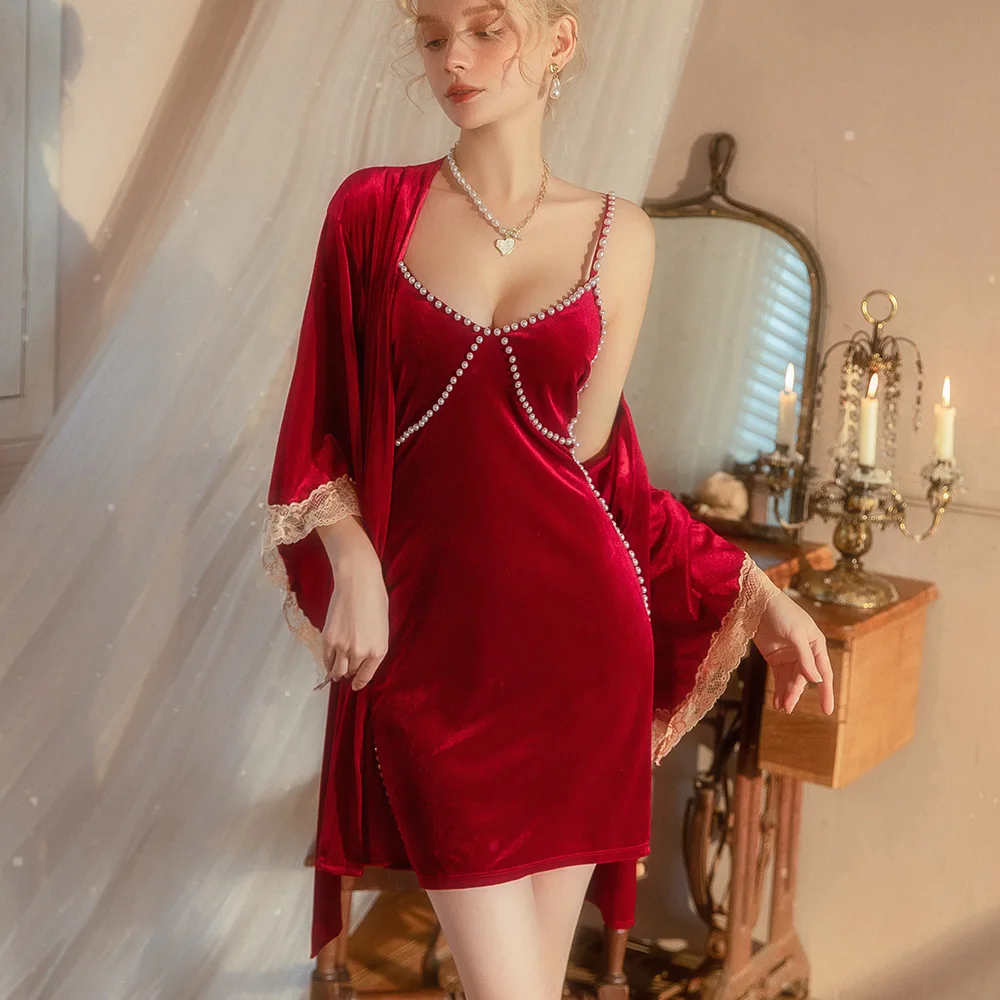 

Velvet Wedding Robe Set Autumn Winter Women Sleepwear Nightgown Sexy Lace Kimono Bathrobe Gown Loose Home Dress Loungewear