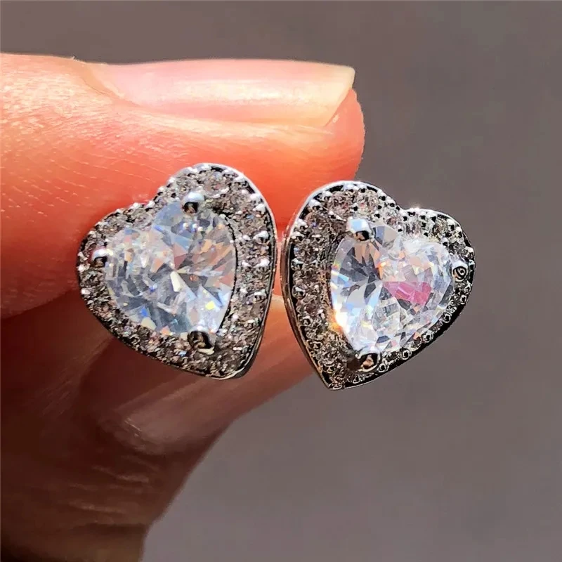 Cute Female Small White Crystal Zircon Stud Earrings Fashion Heart Wedding Jewelry For Women