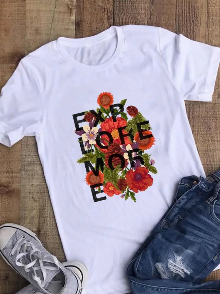 

New Flower Letter 90s Trend Cute Women Fashion Casual Clothing Summer Graphic T Shirt Short Sleeve Tees Top Female Print T-shirt
