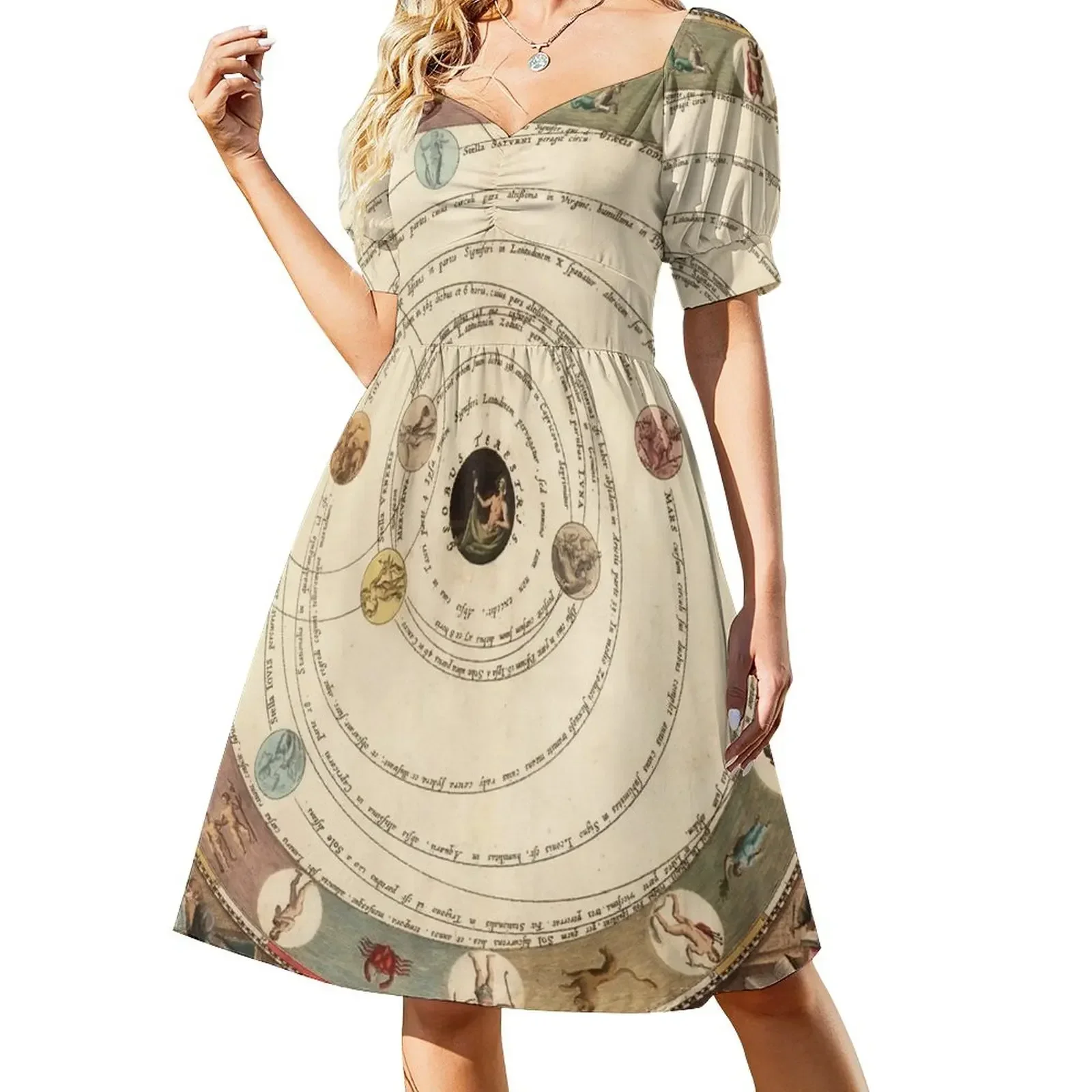 thumbnail image 1 of Vestido vintage de manga corta con estampado de círculo del zodiaco y horóscopo, vestidos de lujo para mujer, ropa para mujer, 1 of 7