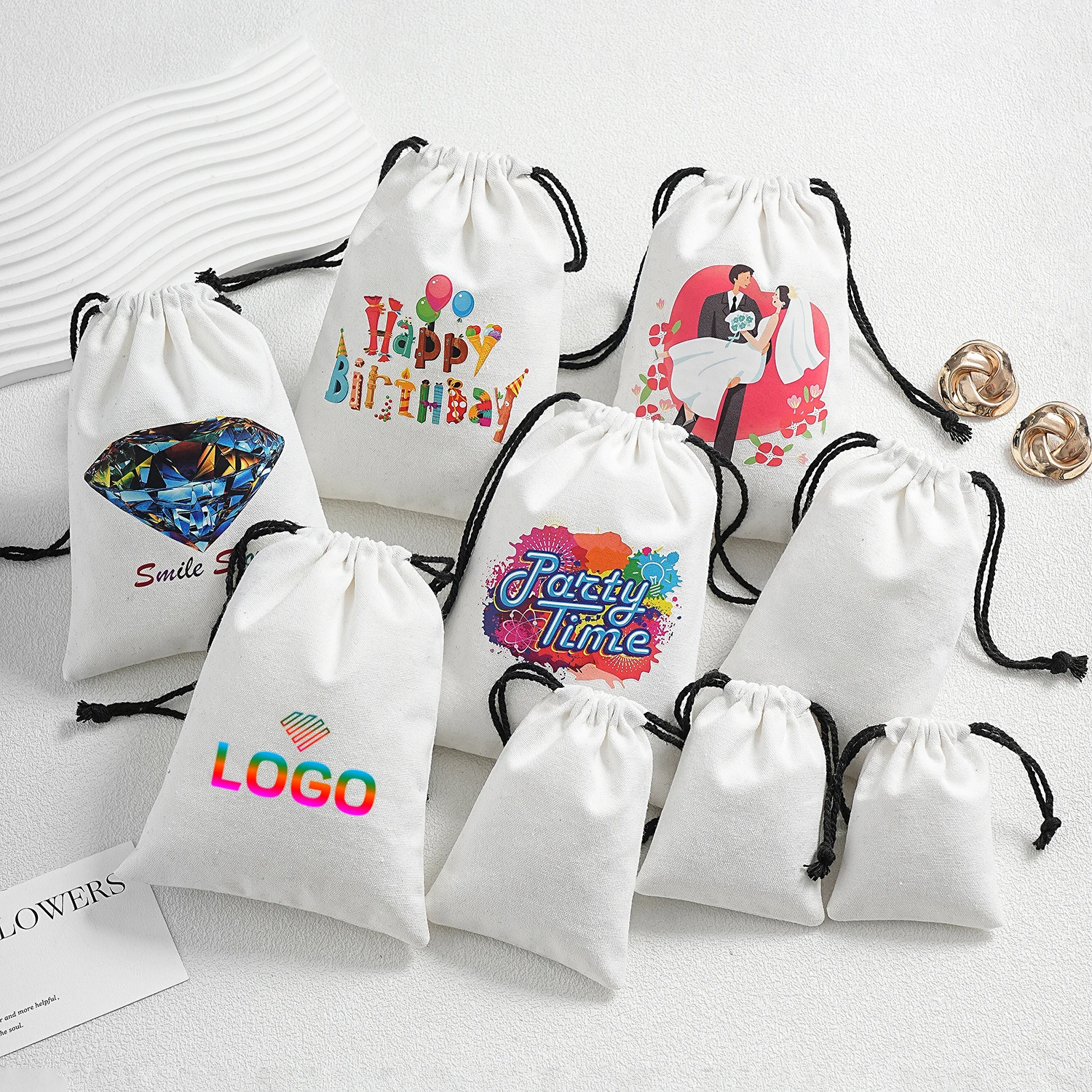 100pcs Custom Colorful Logo Cotton Jewelry Packaging Bag Jewelry Pouch Wedding Party Birthday Travel Glasses Makeup Gift Bags