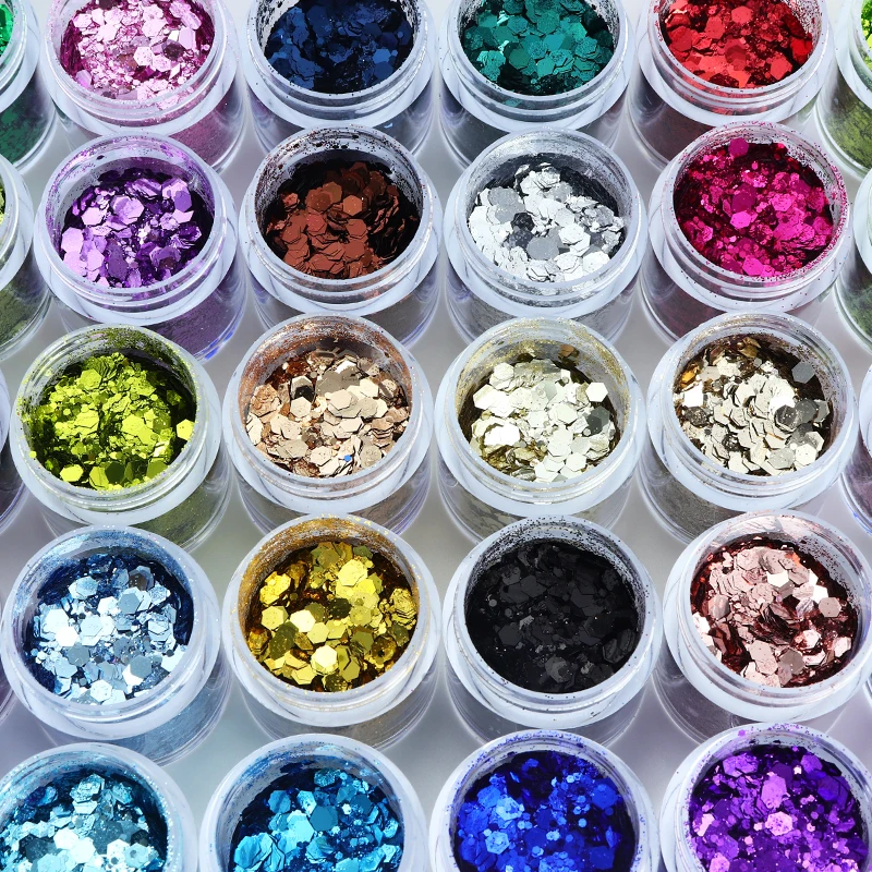 32 Colors Mixed Hexagon Chunky Glitter for Nails Art Sequin Powder Decoration Gold Silver DIY Accessories Nail Stylist Supplies