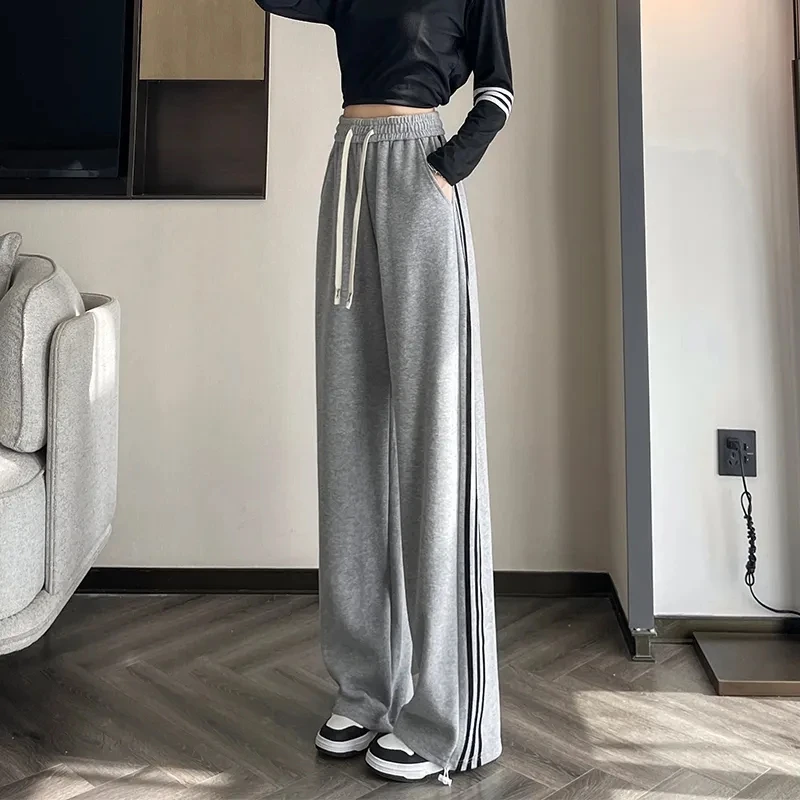 

2024 Spring Autumn Large Size Drawstring Wide Leg Pants Women Winter Casual Loose High Waisted Sports Vertical Stripes Pants 09