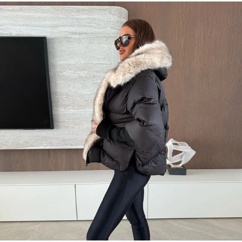 Oversized Faux Fur Hood Padded Jacket Women's Full Sleeve Zippers Loose Coats 2025 Autumn Winter Lady Thick Warm Outerwear