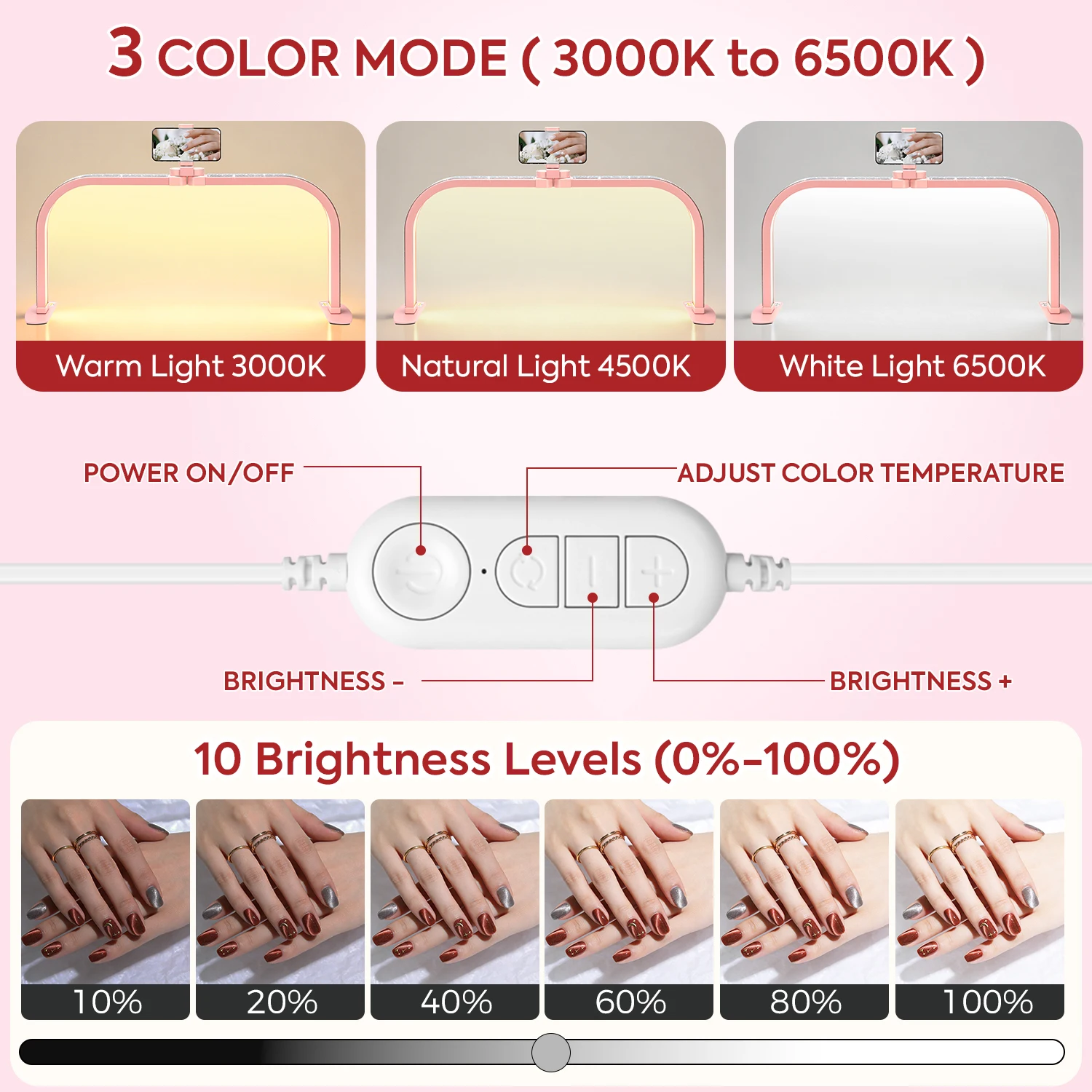 핑크 라인스톤 접이식 반달형 네일 램프 (휴대폰 거치대 포함), 25.6인치 392LED 초고휘도 반달 조명