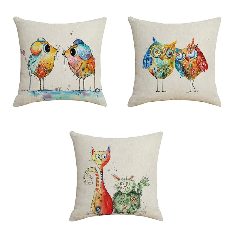 

Set Of 3 Lovely Animal Cushion Covers Cat Owl Mouse Sofa Throw Pillowcase 45X45cm For Sofa Car Home Bed Kid's Room Decor