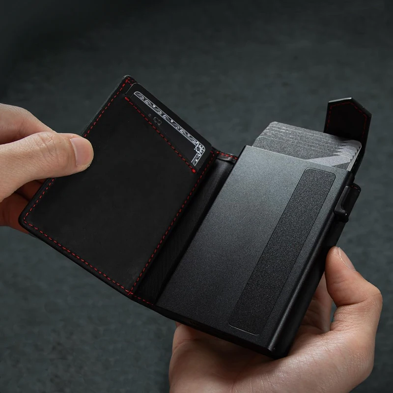 YATBEST Men's Card Bag RFID Anti Theft Brush Anti Magnetic Tape Zipper Change Bag Aluminum Automatic Pop Up Credit Card Clip id credit card holder