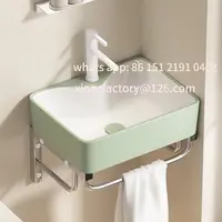 อ่างล้างหน้าเซรามิกแบบแขวนผนังสำหรับฤดูหนาว ปรับแต่งได้ พร้อมขาตั้งสแตนเลส ถาดรองน้ำ ประหยัดพื้นที่ สีเขียวผลไม้ 2